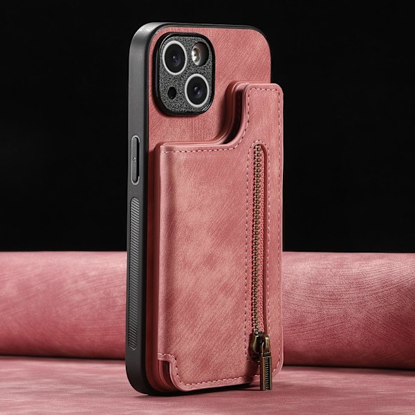 Kotelo iPhone 14 Pro Max -puhelimelle, pinkki retro-läppäkorttipidike vetoketjullisella lompakolla ja korttipaikalla
