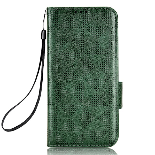Etui til iPhone 14 grønn Diagonal Triangle Preget Grid Lommebok med Kortholder Flip