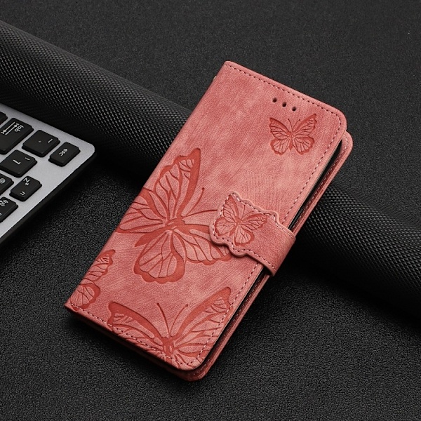Kotelo iPhone 13 Prolle, vaaleanpunainen perhonen, 3D-kohokuvioitu lompakkokotelo korttipidikkeellä