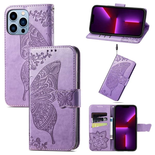 Etui til iPhone 13 Pro Max Lys lilla Kilde Flip Sommerfugl Lommebok med Kortholder