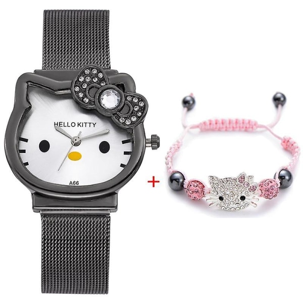Tecknad söta mesh rostfritt stål kvarts watch armband white -pink-bracelet