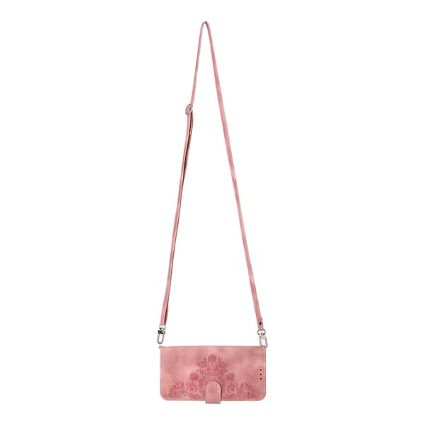 Etui til iPhone 14 Pro Rosa + skulderstropp Soft-Touch 3D-preget lommebok med kortholder Flip
