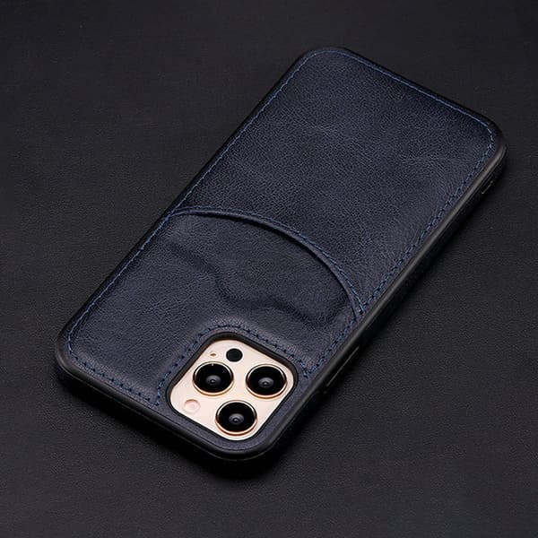 Fodral för iPhone 13 Mini Mörkblått Läderplånbok med Korthållare affärslädertextur