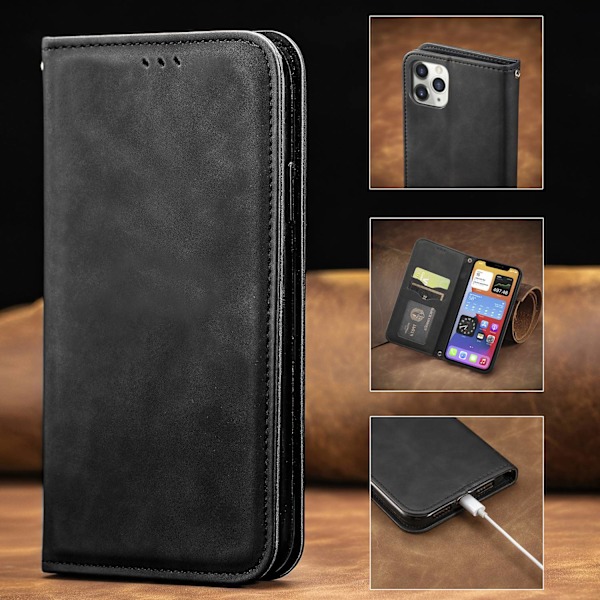 Etui til iPhone 14 Plus sort Flip Wallet med kortholder magnetisk