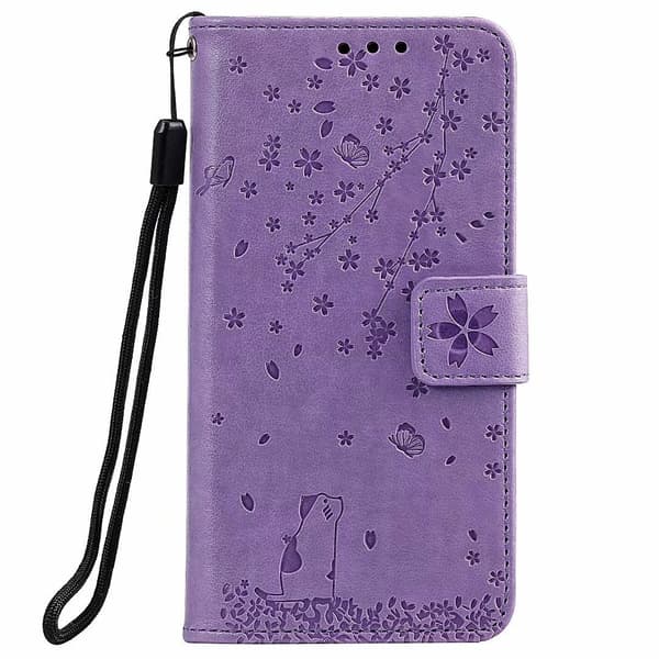 Etui til iPhone 13mini Lys Lilla Sakura Katt 3D-preget Lommebok med Kortholder Flip