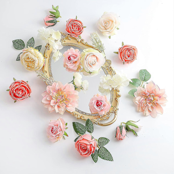 Kunstige roseblomster kombinasjonsbokssett inkluderer peoner, krysantemum, falske blomster, bulkblomsterblad med stilker Pink Set