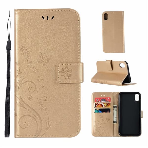 Etui til iPhone 15 guld Wallet med kortholder Flip Butterfly 3D præget
