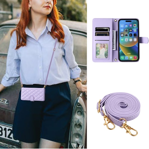 Kotelo iPhone 16 Plus -puhelimelle, violetti + Crossbody-kaulanauha ins crossbody timantti Lompakko korttipidikkeellä, läppämalli