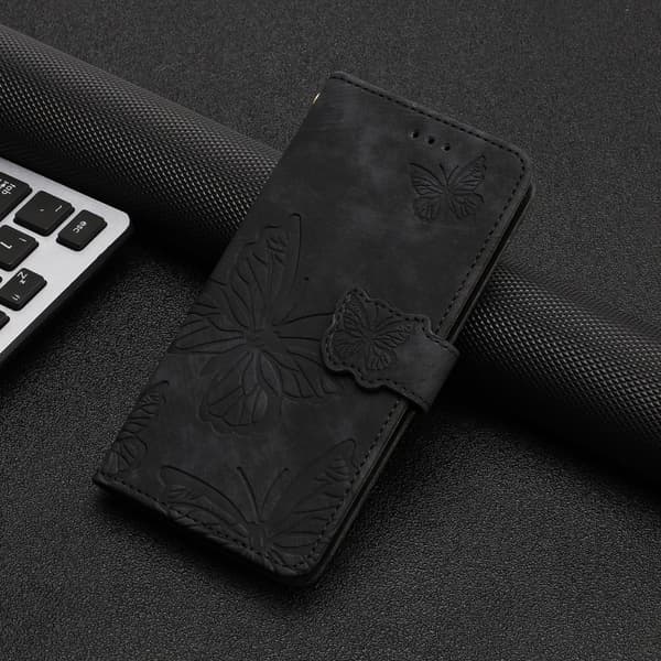 Etui til iPhone 14 PLUS sort sommerfugl 3D præget pung med kortholder flip