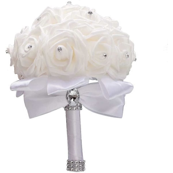 En vit bukett för brudtärnor med diamantmjukt band, konstgjorda PE-rosor för bröllop (Diameter: 21 cm H: 25 cm)