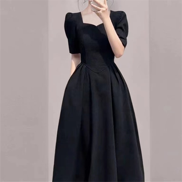 Klänning med fyrkantig krage i västerländsk stil med puffärm i midja Black XL