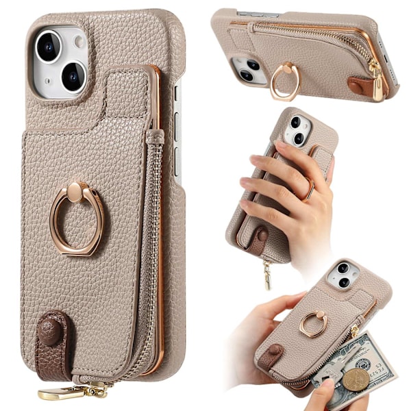 Etui til iPhone 15 Plus Khaki Grå Pebbled Almindelig Ringpung med Kortholder