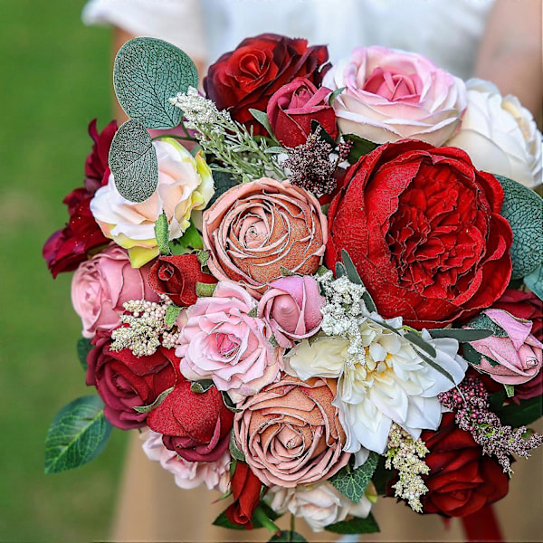 Kunstige roseblomster kombinasjonsbokssett inkluderer peoner, krysantemum, falske blomster, bulkblomsterblad med stilker Burgundy Pink White Se