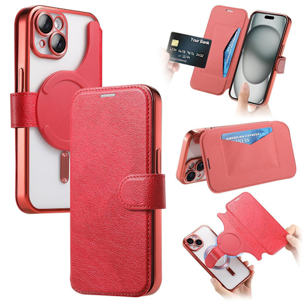 Etui til iPhone 15 Pro Max 6.7 Rød galvaniseret magnetisk 2-i-1 læderetui HyunA Elektroplettering Transparent Flip Wallet med kortholder