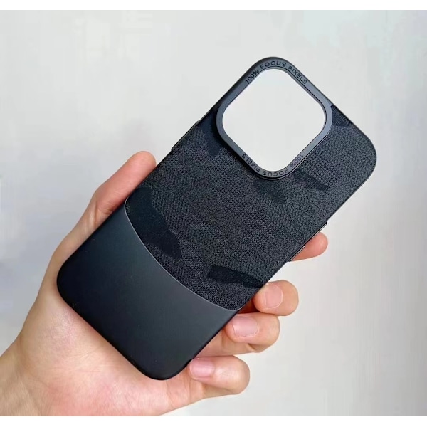 Etui til iPhone 13 Pro Max sort camouflage blandet medie metal linse klud læder tekstur