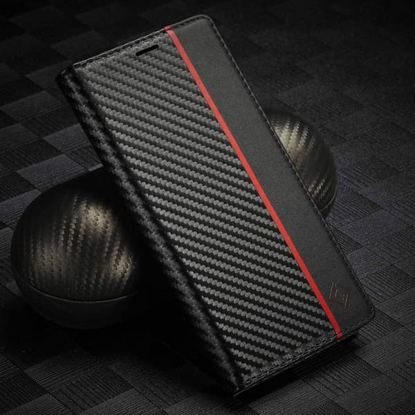 Etui til iPhone 16 Plus Vertikal sort Wallet med kortholder Carbon Fiber Flip