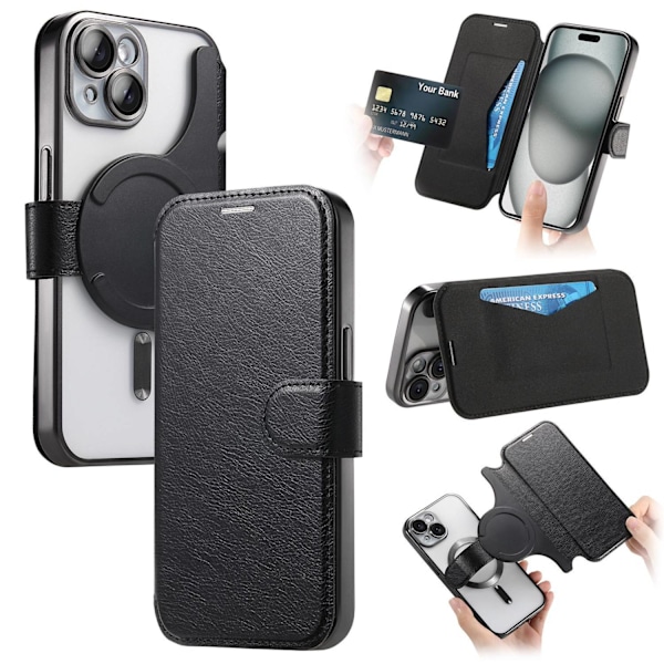 Etui til iPhone 15 Pro Max 6.7 Sort galvaniseret magnetisk 2-i-1 læderetui HyunA Elektroplettering Transparent Flip Wallet med kortholder