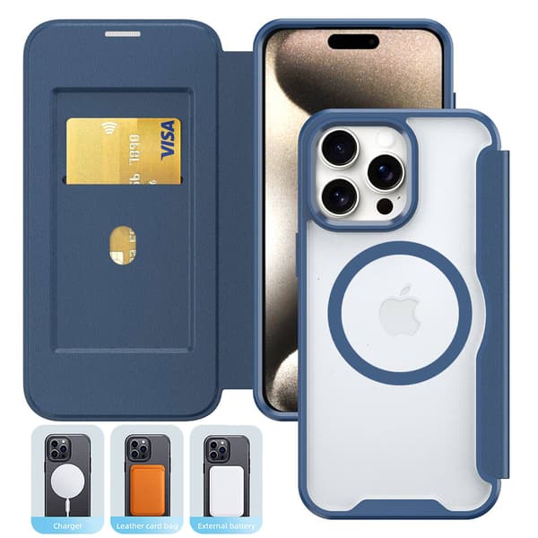 Etui til iPhone 14 Plus havblå [magnetisk type] Xunjia magnetisk flip-kortholder