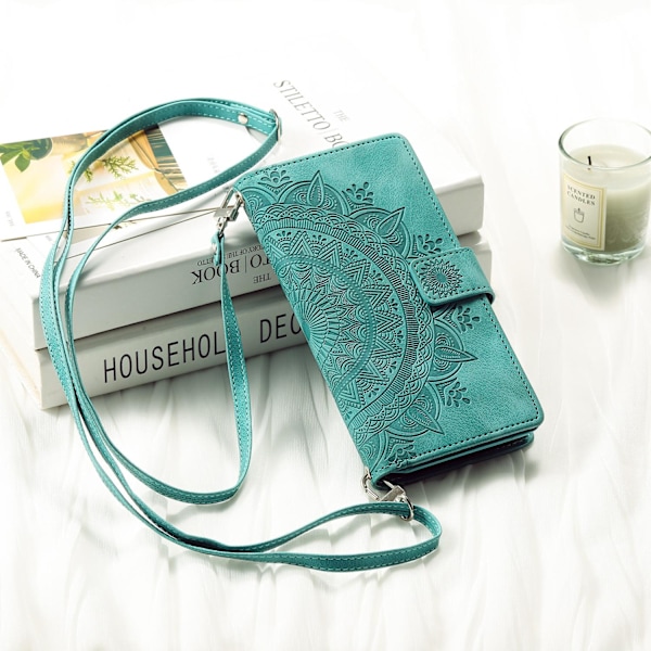 Etui til iPhone 14 Pro Grøn + lang snor Multi-kort Totem Lynlås Flip Wallet med Kortholder