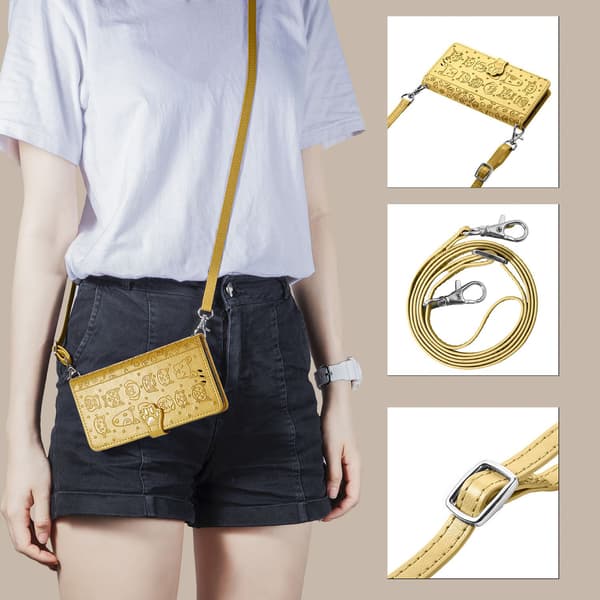 Etui til iPhone 15 Plus gul lommebok med kortholder og full crossbody-stropp