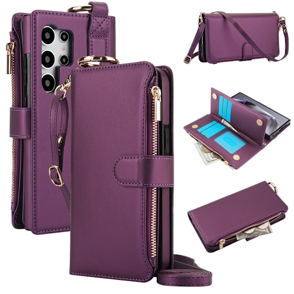 Fodral för iPhone 15 Pro Max Mörklila Ring Dragkedja Crossbody Plånbok med Korthållare Flera Kort