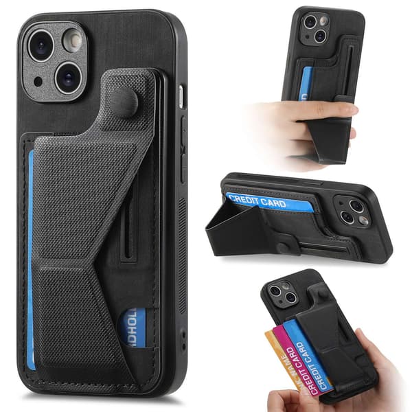 Etui til iPhone 13 Pro sort Multi-vinkel slide stand læderpung med kortholder læder