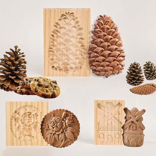 Ny form av trä Pepparkaksformar för kakor i trä Press 3d tårtprägling Form Rosblomskärare Bageriprylar squirrel