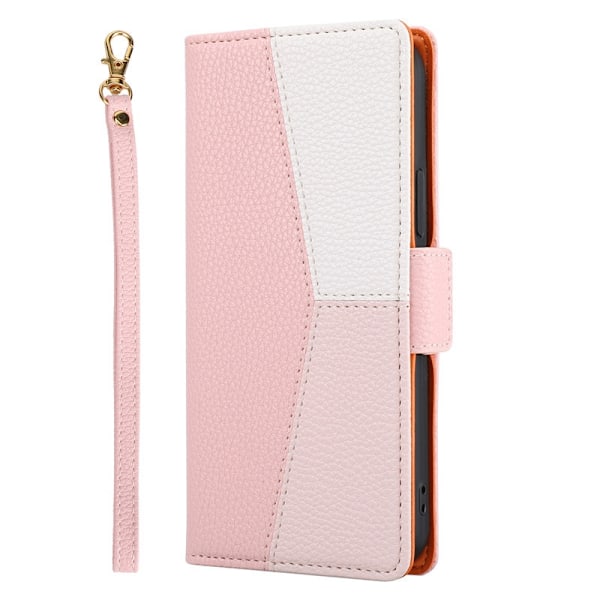 Etui til iPhone 15 Pink-Splejset Side Spænde Lychee Læder Etui + Lanyard i Samme Stil, Pebbled Mixed Media