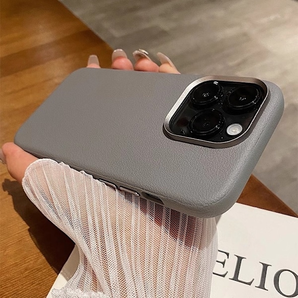 Etui til iPhone 14 Pro, almindeligt læder - grå, almindeligt læder, business læder, varmeafledning