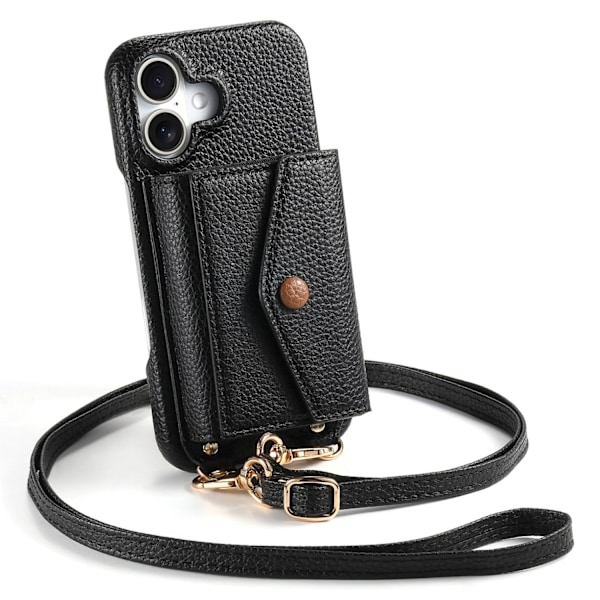 Etui til iPhone 13 sort Pebbled Accordion Crossbody Langt Armbånd Spejl Vindue