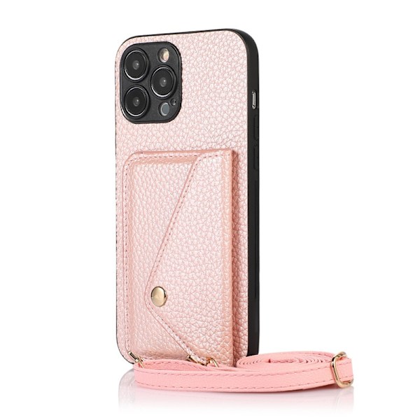 Etui til iPhone 14 Pro Max / 6,7 tommer Rosaguld-Lychee Kortholder + Lanyard Almindelig Pebbled Wallet med Kortholder PU Læder