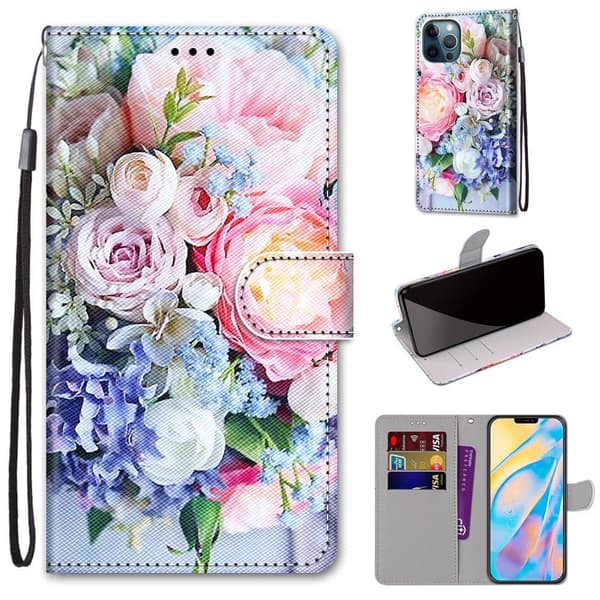 Etui til iPhone 15 Plus Lys pink buket Malet Wallet med kortholder Flip