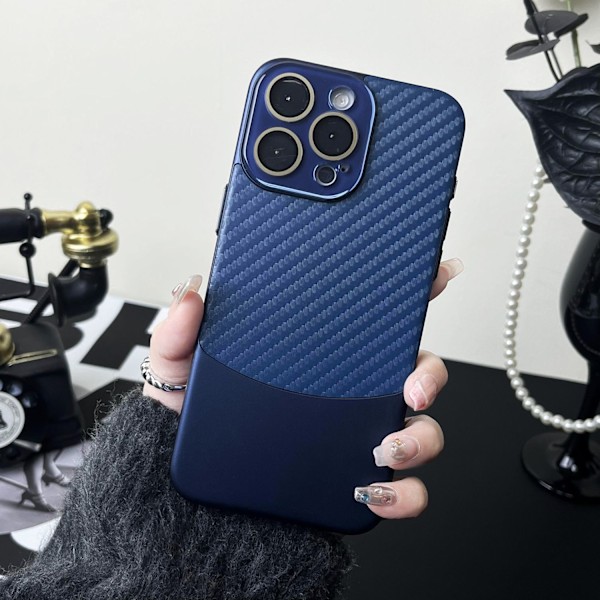 Fodral för iPhone 14pro Nappa läderskal - safirblå Färgblockerad kolfiberlädermönster kristalllins