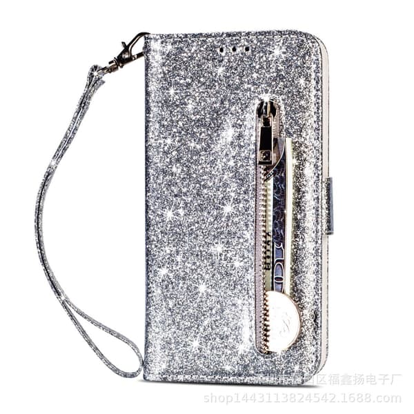 Fodral för iPhone 14 Plus silverglitter dragkedja Plånbok med korthållare Flip