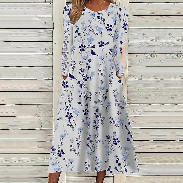 Klänning med rund print och långärmad Elegant lång klänning med fickor Light Blue XL