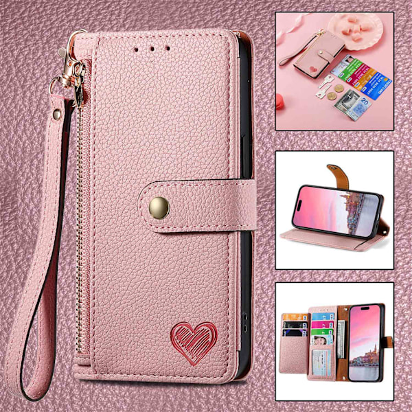 Etui til iPhone 14 Pro Max Rosa [kort snor] Source Love Pebbled RFID-blokkerende stropp