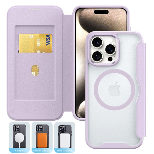Kotelo iPhone 15Promaxille, vaalean violetti [magneettinen] Xunjia magneettinen läppäkorttipidike
