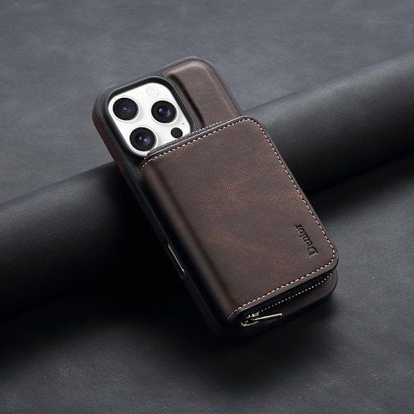 Kotelo iPhone 15 Prolle, ruskea magneettinen RFID-suojattu nahkalompakko korttipidikkeellä ja jalustalla