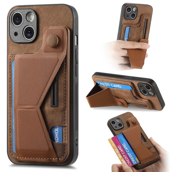 Etui til iPhone 15 Pro Max brun Multi-vinkel slide stand læderpung med kortholder læder