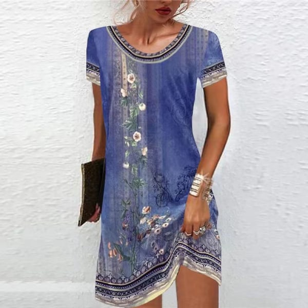 Etniskt print Casual kortärmad klänning Prinsessklänning Dream blue M