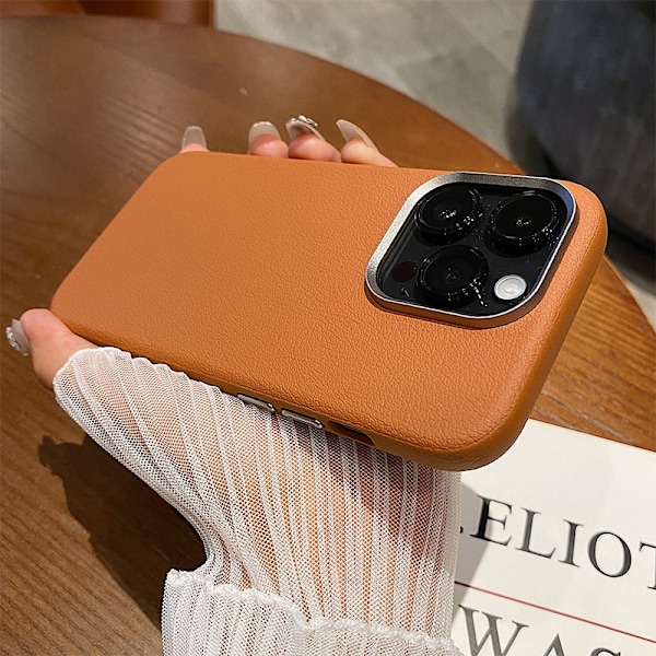 Fodral för iPhone 16promax Slätt läder--gul Slätt läder affärsläder Värmeavledning