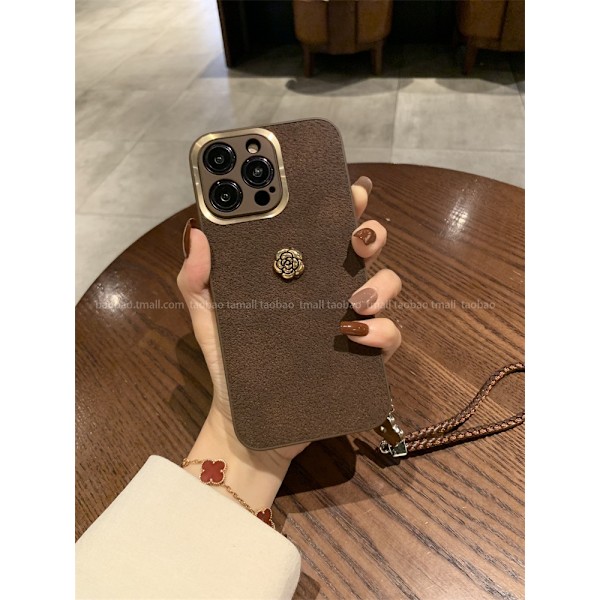Fodral för iPhone X Metallring mörkbrun månmönster + gyllene kamelia + brunt blommarmband ins guld cirkel kamelia armband lädertextur