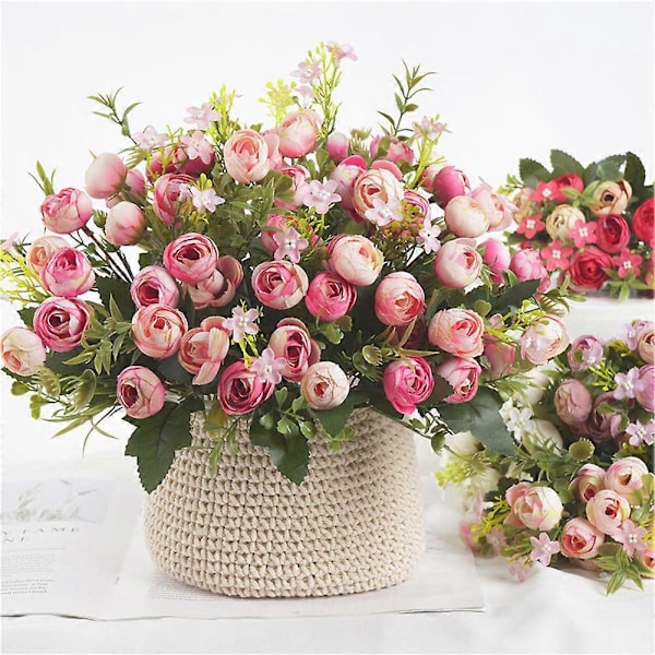 5 grene og 13 blomster små kameliaknopper kunstige blomster Deep pink