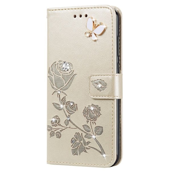 Fodral för iPhone 15 Plus guld Präglad Fjäril Diamantplånbok med Korthållare Rosett Diamant