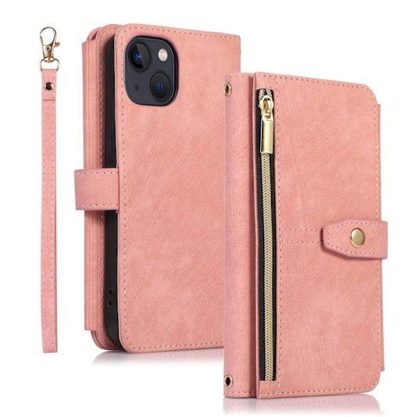 Etui til iPhone 14 Plus Pink [kort snor + lang snor] lynlåspung med kortholder crossbody flip ni kort