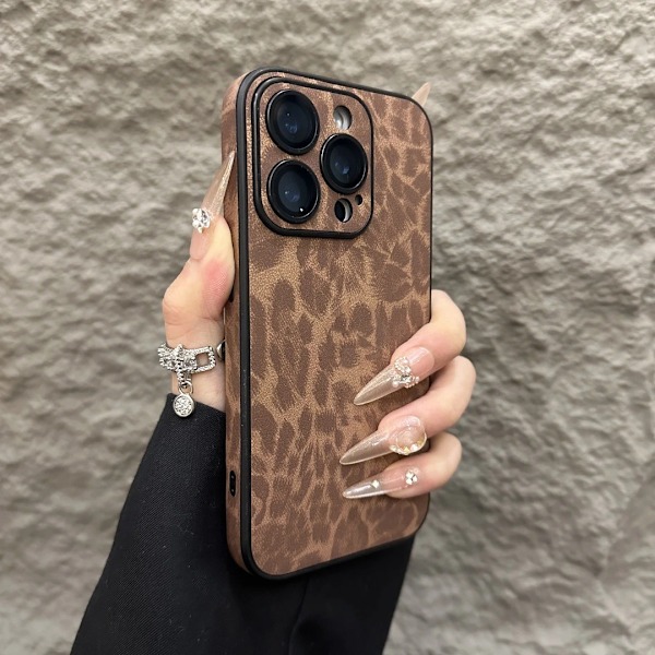 Etui til iPhone 14plus brun Leopard print skinn linsefilm