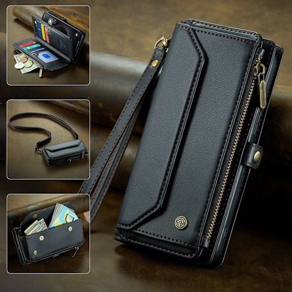 Etui til iPhone 15 sort Crossbody lynlås pung med kortholder flip