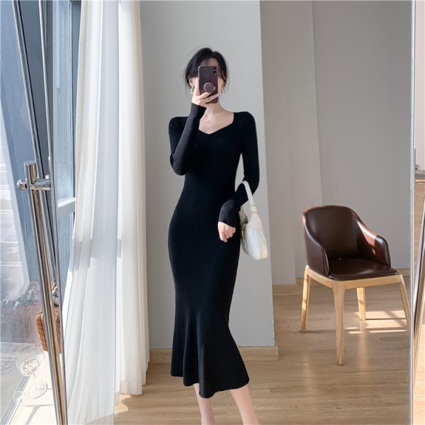 Fransk Slim Fit Slimming Stickad Klänning Mellanlängd Inner Wear Sweater Kjol Black Average size