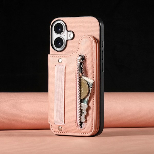 Etui til iPhone 15 pink Læder Flip Kort Holder Elastisk Snor Håndledsrem