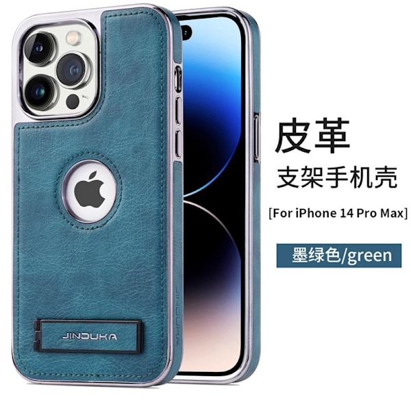 Kotelo iPhone 15 Pro Max -puhelimelle, tummanvihreä jalustallinen nahkainen kokokotelo